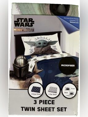 Star Wars The Mandalorian Grogu Navy and White Microfiber Twin Sheet Set